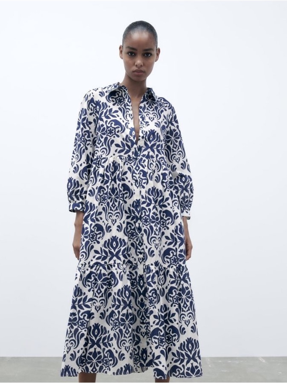 Zara Navy and White Floral Print Maxi Dress